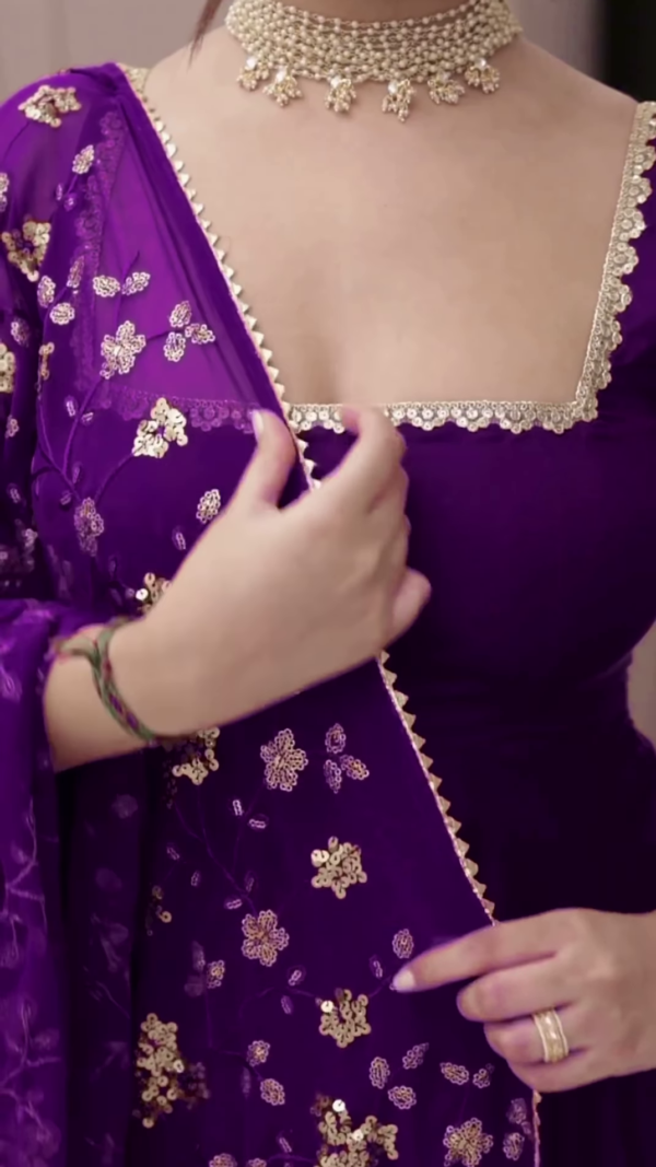 heavy purple anarkali set with embroidered dupatta - Image 2