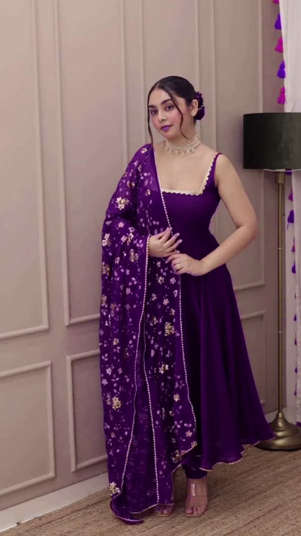 heavy purple anarkali set with embroidered dupatta - Image 5