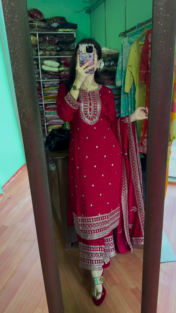 maroon colour heavy handwork kurta set with dupatta - Image 3