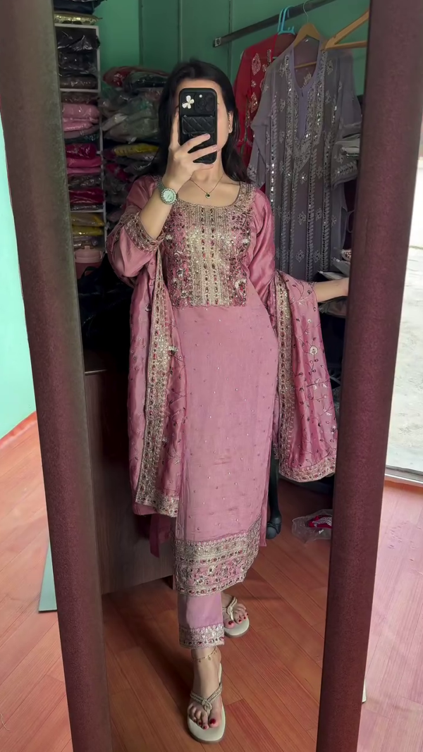 Multicolor silk heavy handwork kurta set with dupatta - Image 7