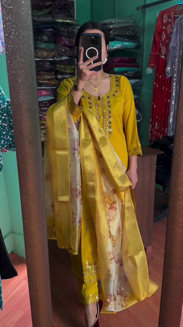 heavy embroidery kurta set with printed dupatta