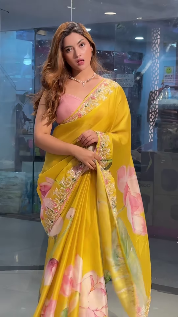 Yellow Tussar Saree With Handwork Floral Border - Image 2