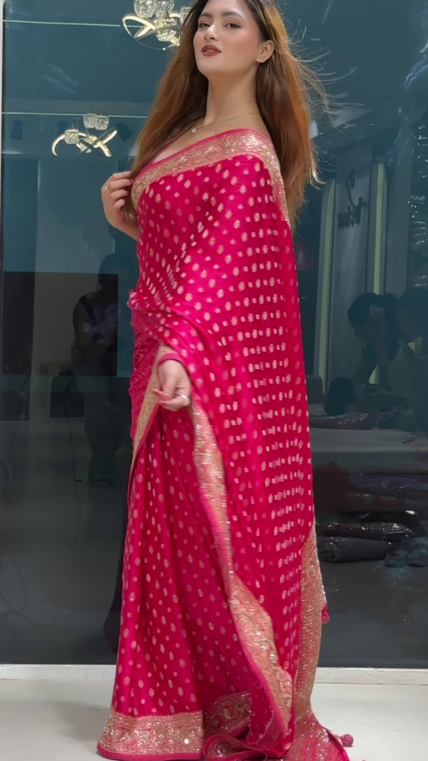 Rani Pink Zari & Sequins Work Raw Silk Saree