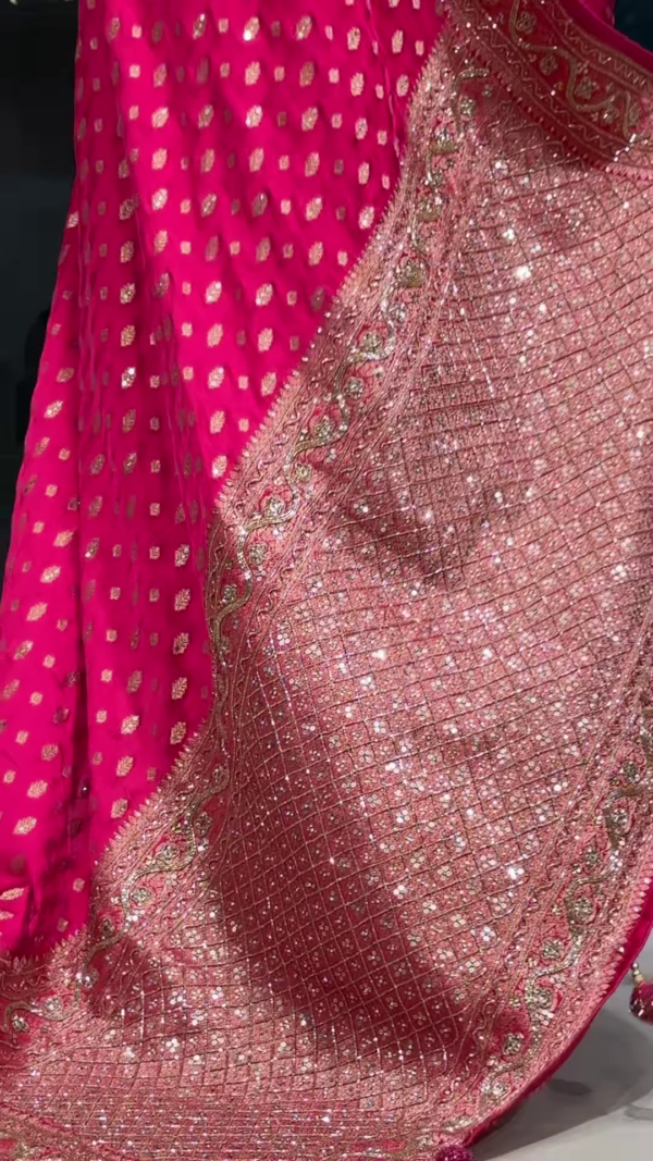 Rani Pink Zari & Sequins Work Raw Silk Saree - Image 2