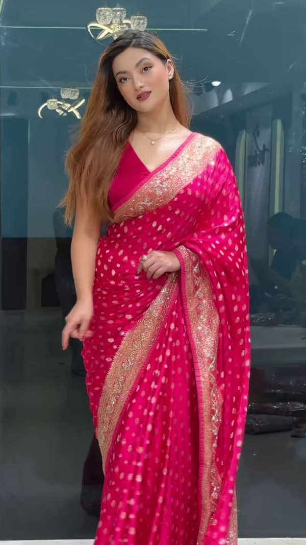 Rani Pink Zari & Sequins Work Raw Silk Saree - Image 3