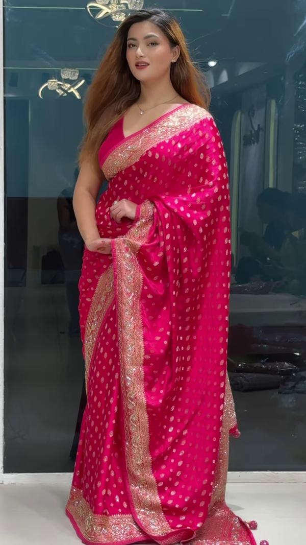 Rani Pink Zari & Sequins Work Raw Silk Saree - Image 4