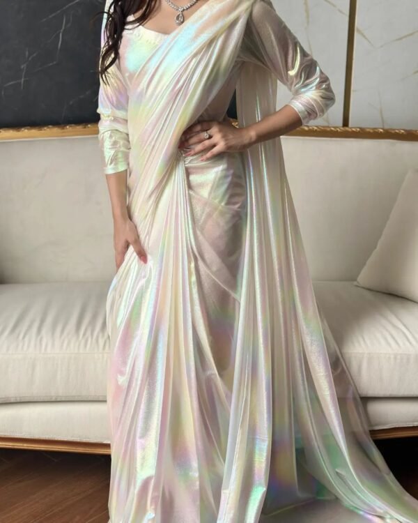 fancy satin white rainbow rfeady to wear saree