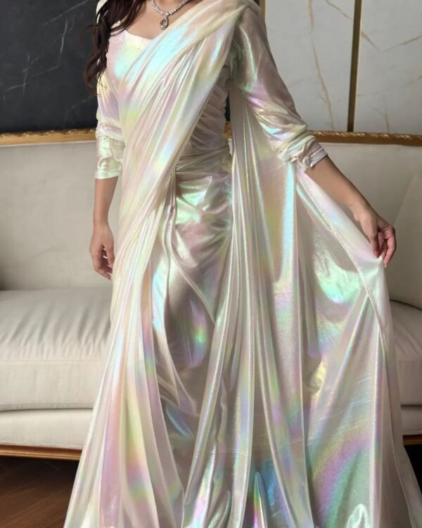 fancy satin white rainbow rfeady to wear saree - Image 2