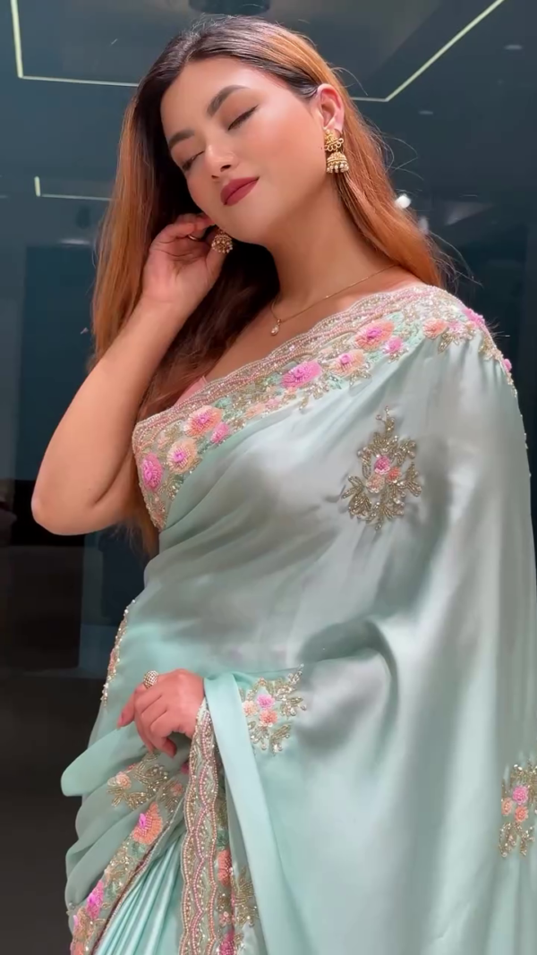 butter sky blue heavy hand embroidered ready to wear saree - Image 2