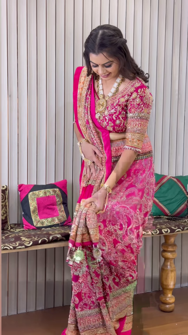 Classy Magenta Pink Embroidered Saree With Frill - Image 4