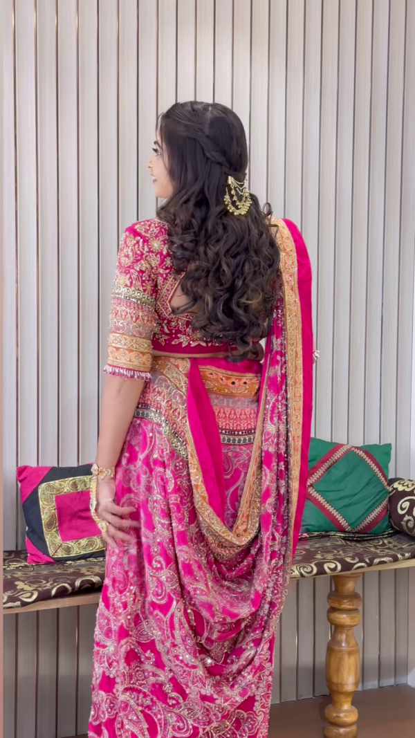 Classy Magenta Pink Embroidered Saree With Frill - Image 3