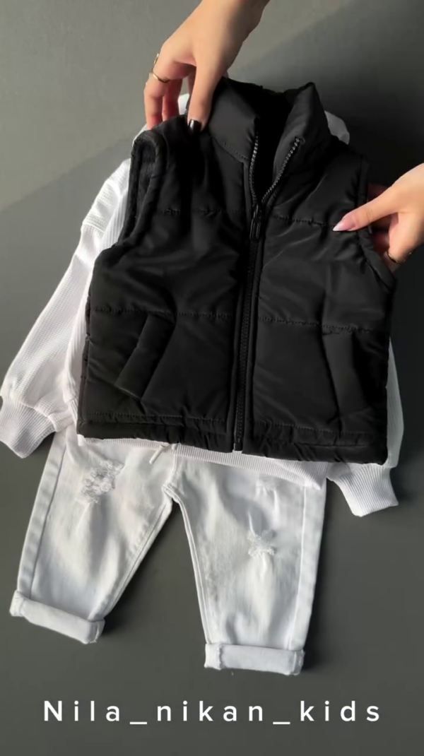 Stylish Kids' Winter Outfit – Black Quilted Vest, White Hoodie, Trendy Jogger Pants, and Black Winter Boots - Image 4