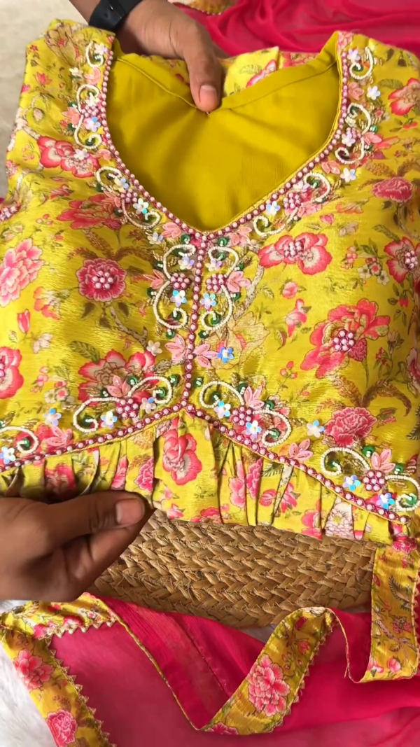 yellow color handwork kediya set with dupatta