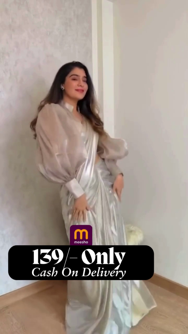 wishlist Silver Metallic Draped Saree Set - Image 6