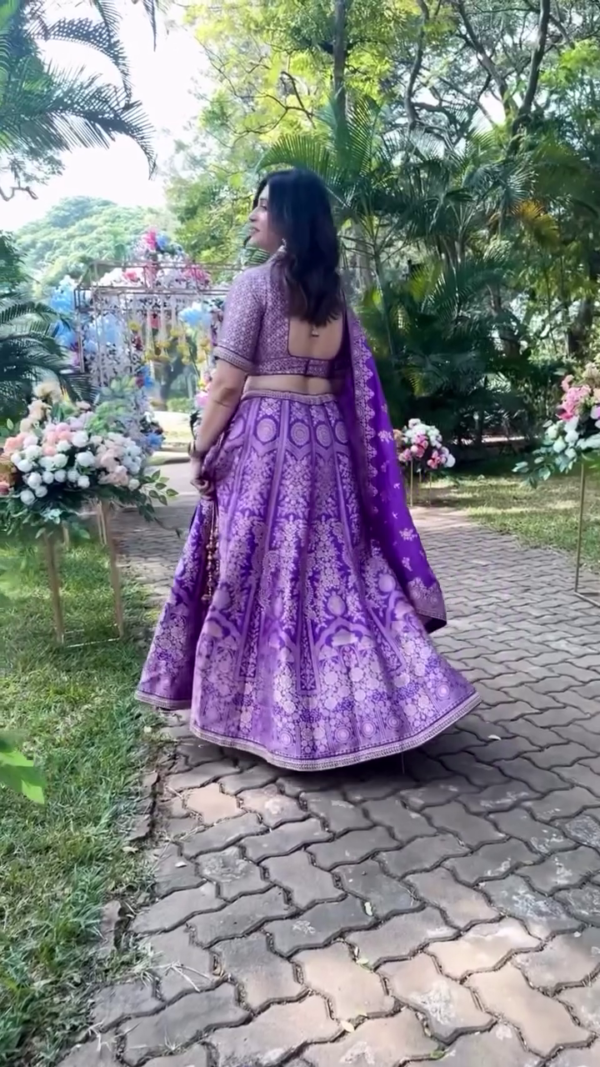 Purple Sequin Embroidered Pure Dyeable Viscose Jacquard Lehenga Set - Image 2