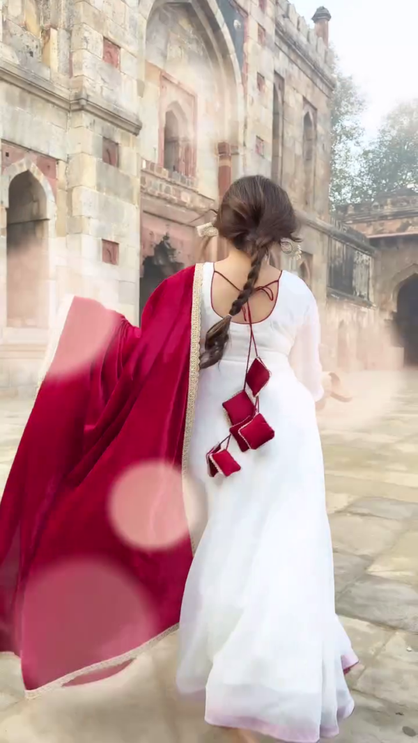 Fancy And Stylish White Gown With Red Colour Embroidered Dupatta - Image 6