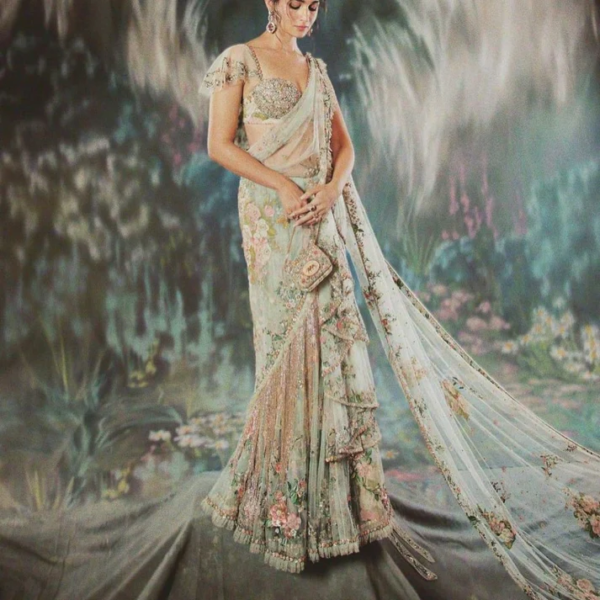 In A World Where She Would Have Wore Designer Western Outfit Saree - Image 3