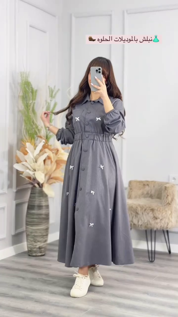 Women Floral Color Dresses Button V Neck Elegant Dress Long Sleeve