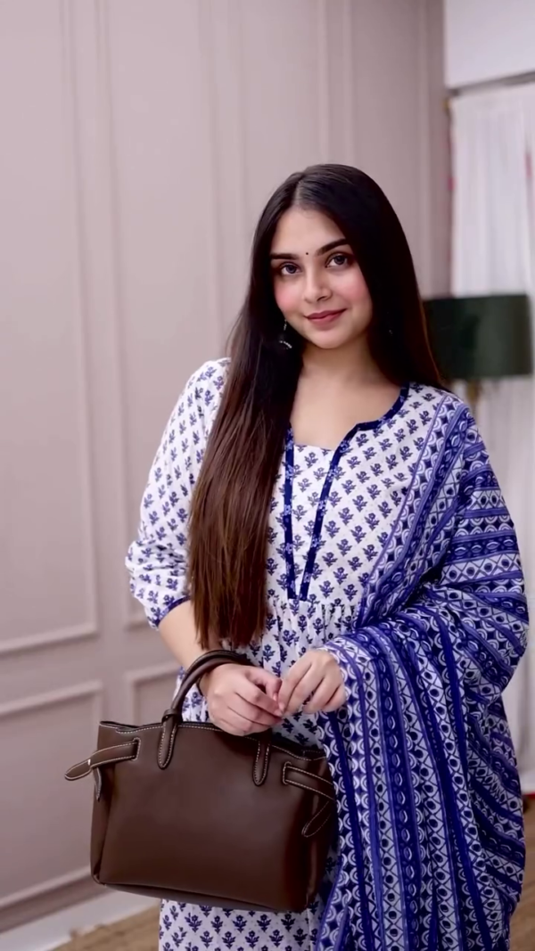 Women's Cotton Straight Printed Kurta and Pant with Dupatta (Blue) - Image 2