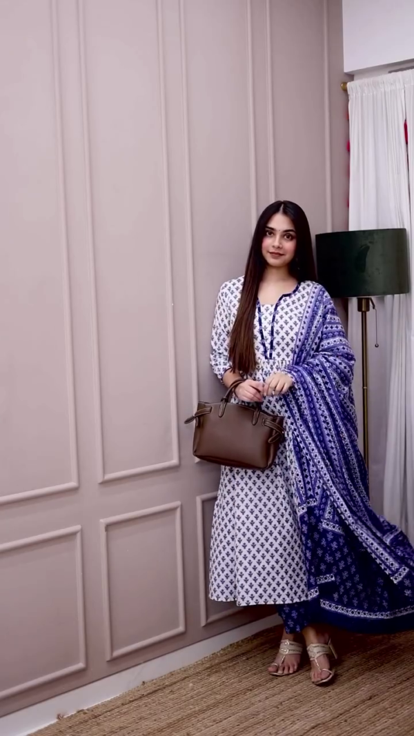 Women's Cotton Straight Printed Kurta and Pant with Dupatta (Blue)