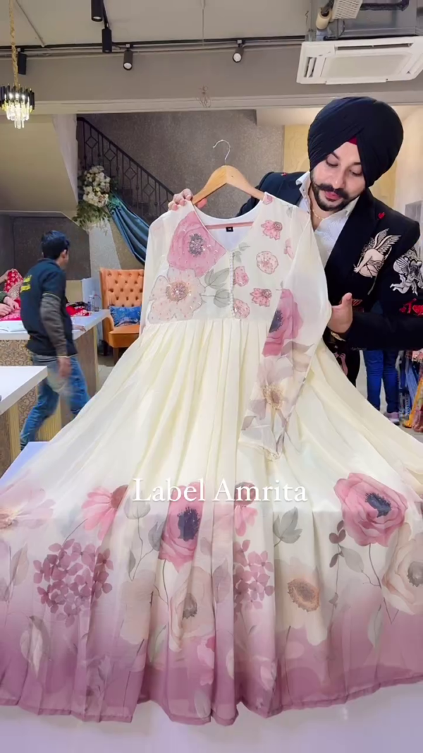 Off white & Chiffon Floral print Full Flair Anarkali Suit with Hand Embroidery work on neck