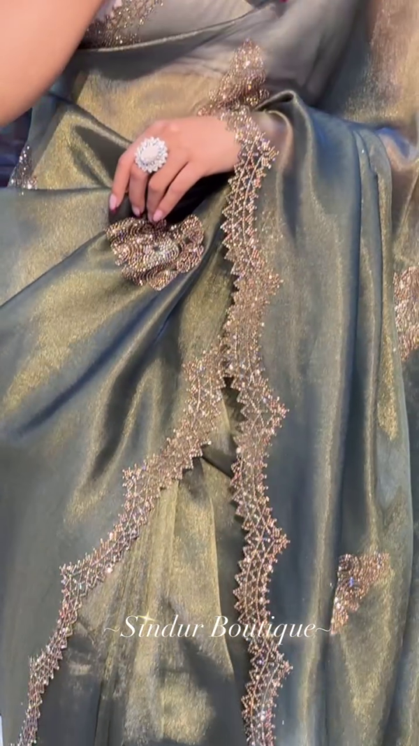 By Women Green Tissue Hand Work Saree - Image 3