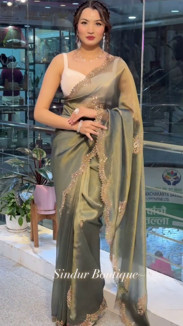 By Women Green Tissue Hand Work Saree