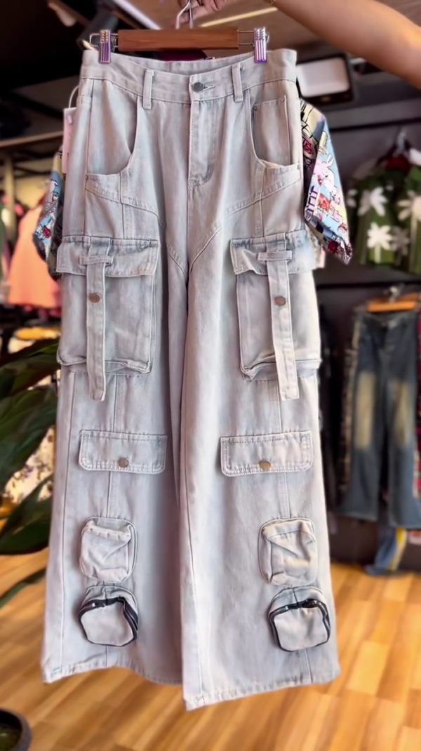 V-Neck Crop Shirt For Women Crop Top With Half Sleeve Denim Cargo Jeans