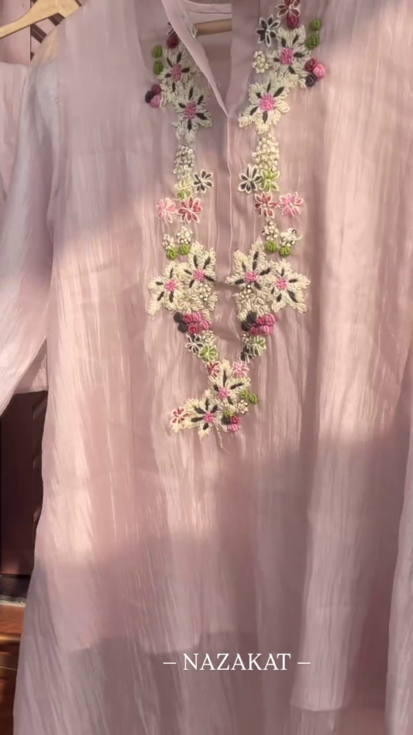 new designs in different fabrics n pattern Paper Silk Kurta Pant Set with beautiful embroidery - Image 5