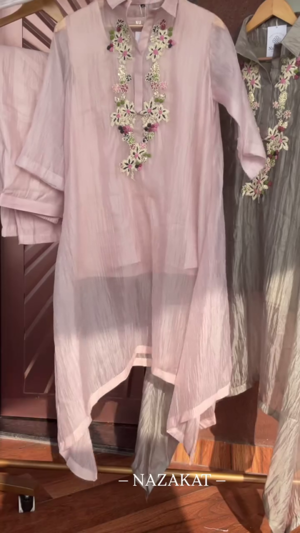 new designs in different fabrics n pattern Paper Silk Kurta Pant Set with beautiful embroidery - Image 4